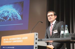Dr. Klaus Löffler, TRUMPF Laser- und Systemtechnik GmbH in Ditzingen, Germany talking about worldwide laser markets at Technology Business Day at AKL’16. © Fraunhofer ILT, Aachen, Germany.